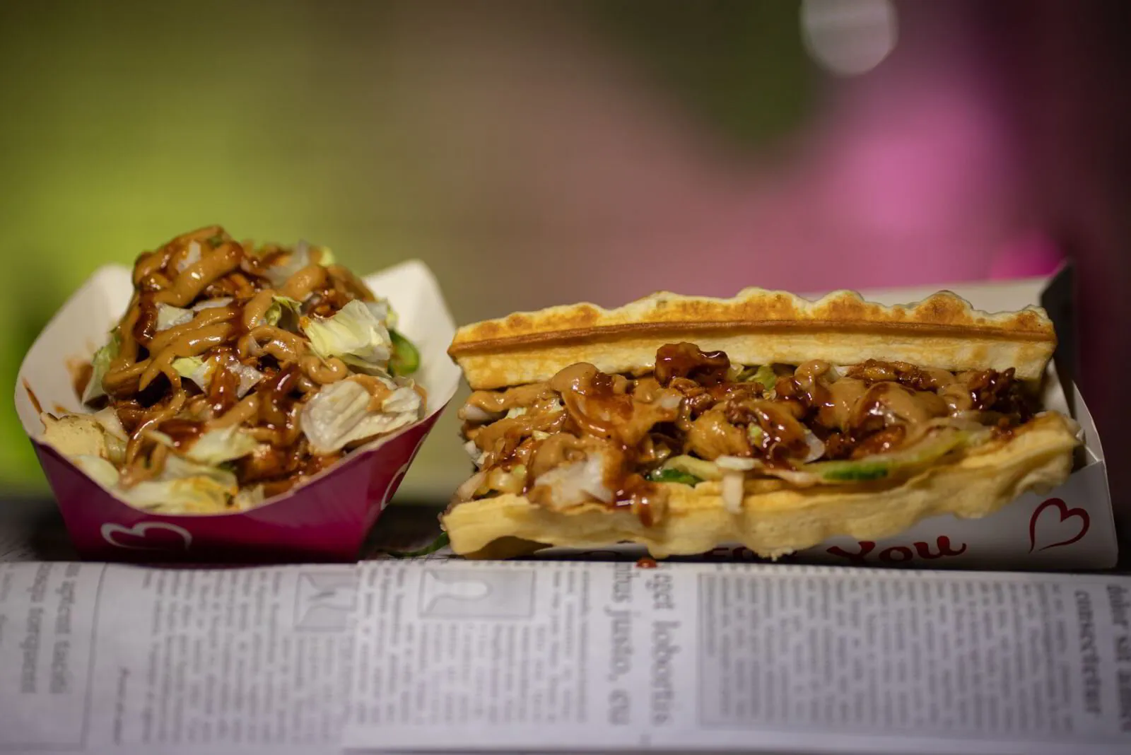 A savoury waffle sandwich and bowl